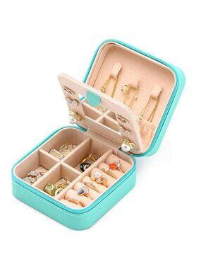Travel Jewelry Box Organizer Case Mirror Ring Earring Necklace Storage Blue